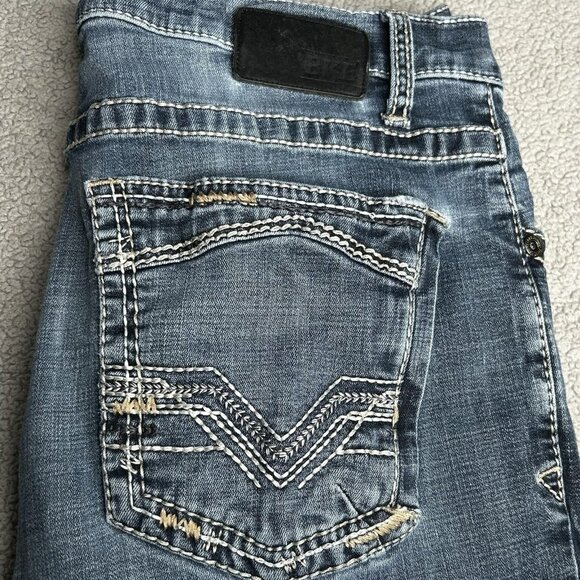 BKE Jake Jeans Mens 35L Blue Denim Straight Stretch Thick Stitch Embroidered - Picture 1 of 16